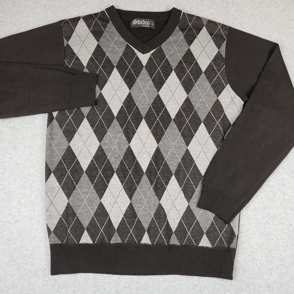 Studio by Omega Mens Argyle V-Neck Sweater Black Grey Long Sleeve Large 0626‎